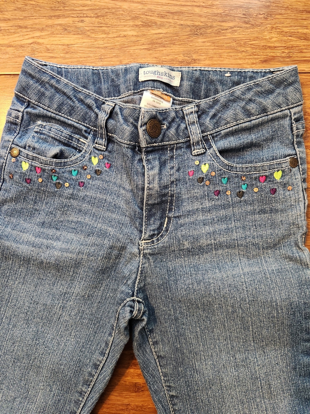 Vintage Toughskins girls jeans heart pockets embroidered sequins bunny flare, 6x